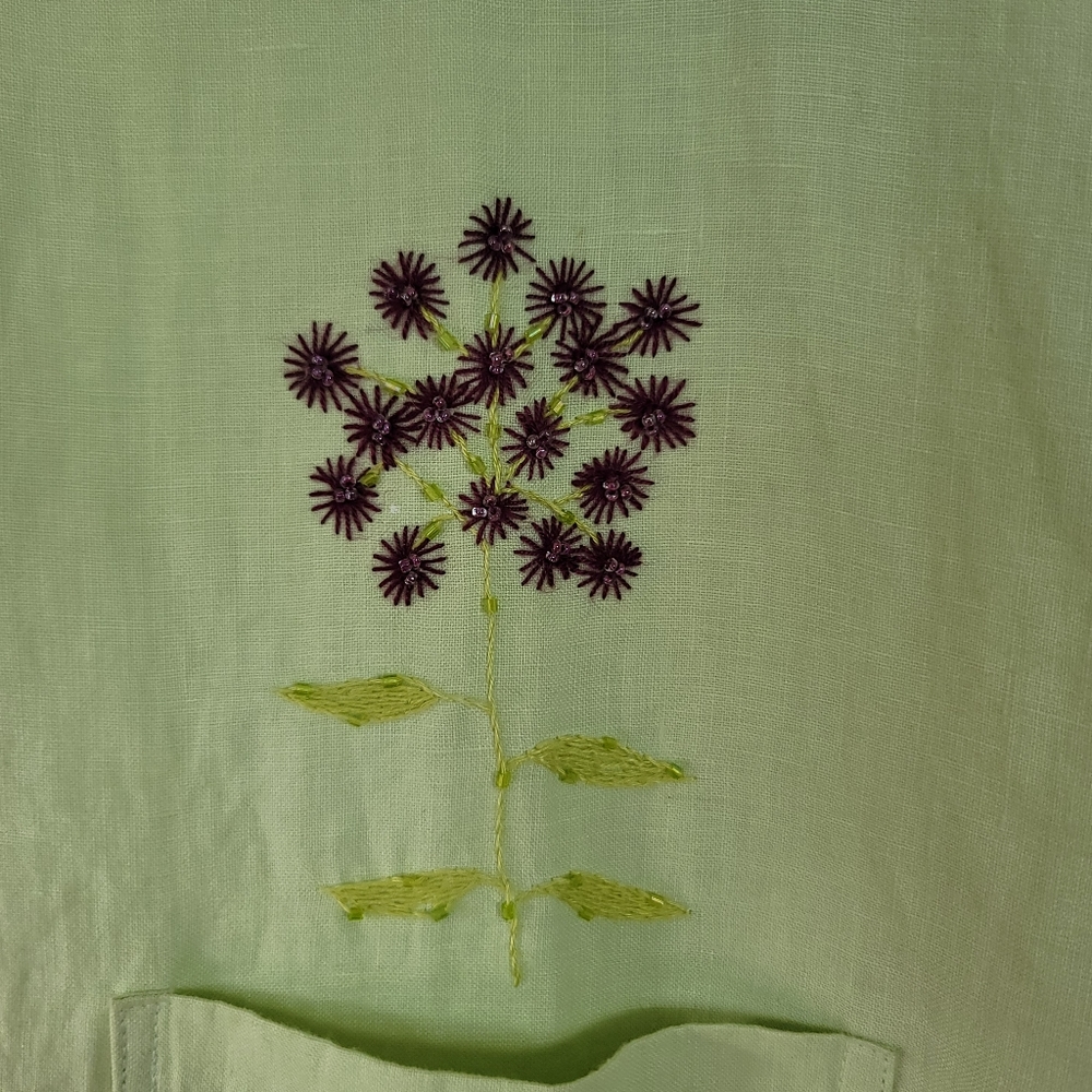 LA Blend | Linen Beaded Floral Button Up Short Sleeve Top Lagenlook - Picture 5 of 7
